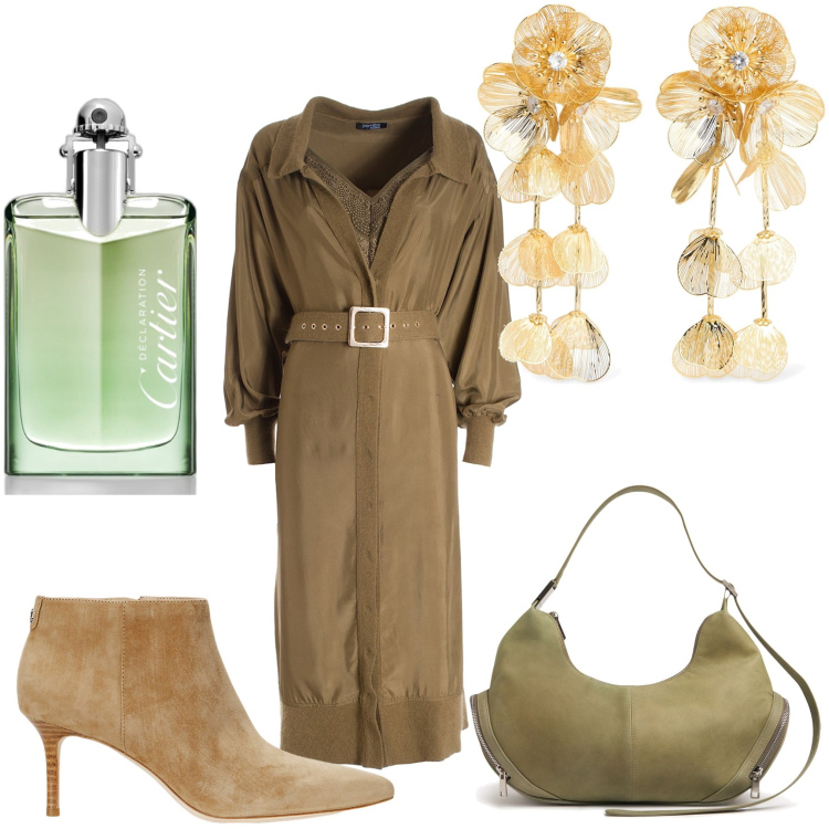 Outfit donna - Orecchini e vestito. Stile Casual chic per Serata fuori. Abbinamento con profumi, vestiti midi/longuette, stivaletti, orecchini, borse a spalla.
