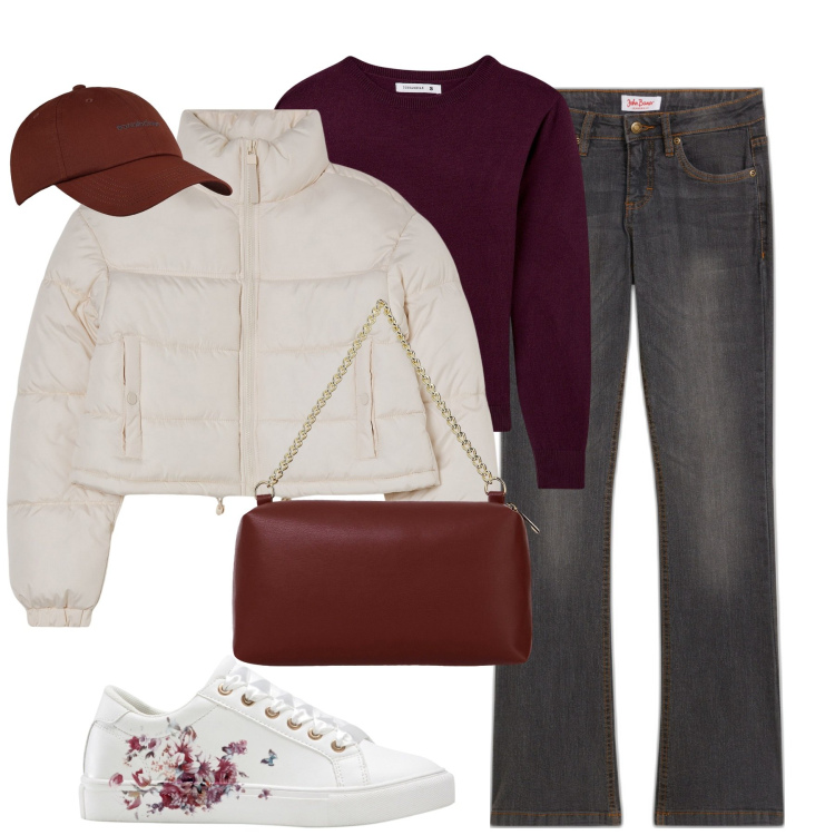 Outfit donna - City. Stile Urban per Tutti i giorni. Abbinamento con jeans bootcut, sneakers, maglieria, blazer, cappelli, borse a tracolla.