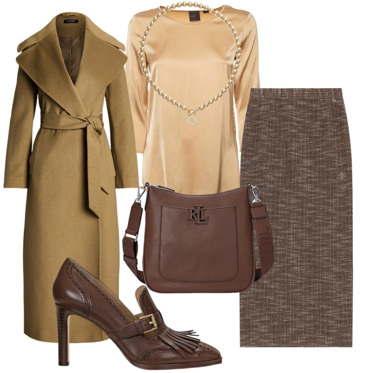 Outfit donna - Tonalita’ di marrone. Stile Casual chic per Ufficio. Abbinamento con gonne lunghe, borse a tracolla, collane, décolleté, cappotti, bluse.