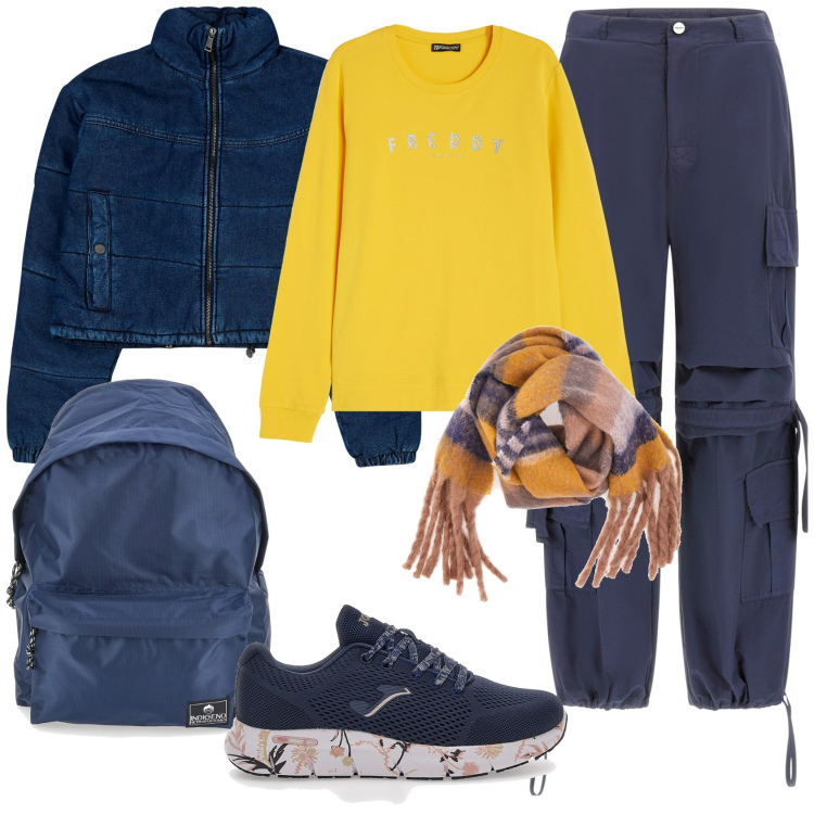 Outfit donna - Ocra sporty. Stile Sporty chic per Scuola/Università. Abbinamento con blazer, pantaloni cargo, felpe, zaini, sneakers, sciarpe.