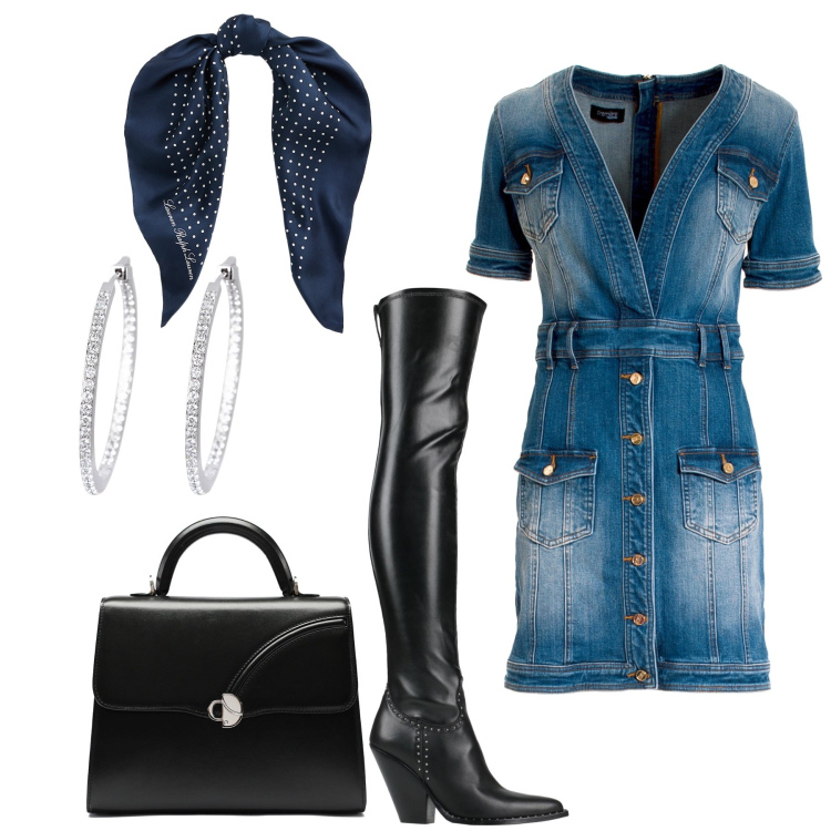 Outfit donna - La tuta in jeans. Stile Casual per Tutti i giorni. Abbinamento con stivali, orecchini, vestiti, foulard, borse a mano.