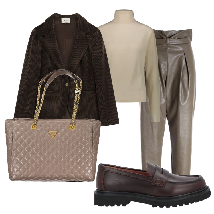 Outfit donna - Pantalone in ecopelle verde oliva. Stile Casual per Ufficio. Abbinamento con mocassini, pantaloni, blazer, pullovers, borse a spalla.