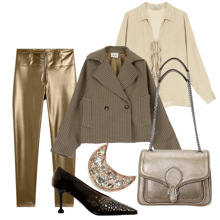 Outfit donna - City event. Stile Chic per Serata fuori. Abbinamento con pantaloni skinny, blazer, camicie, décolleté, borse a spalla, orecchini.