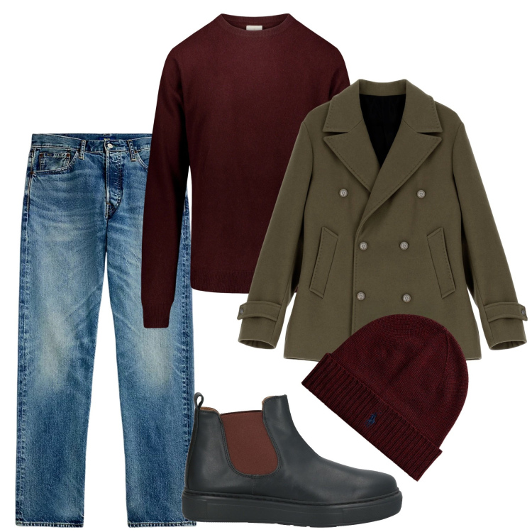 Outfit uomo - Freddo in arrivo. Stile Casual per Tutti i giorni. Abbinamento con stivali e stivaletti, giacche, berretti, jeans dritti, maglieria.