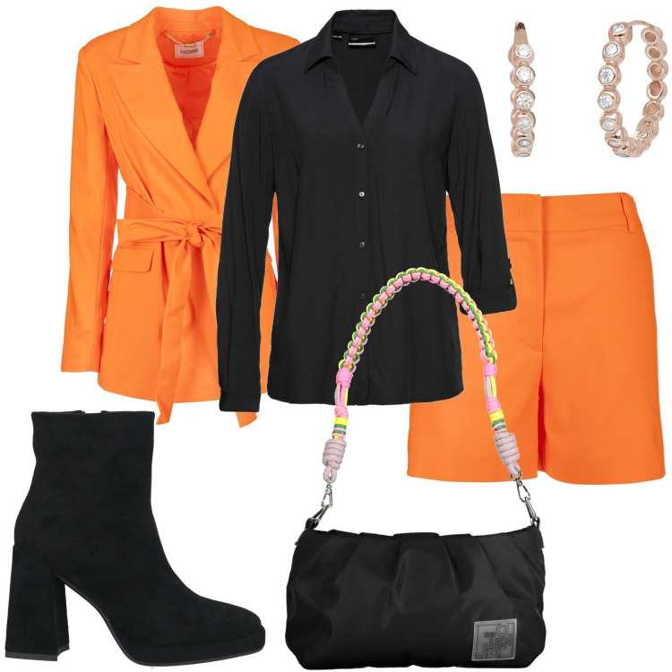 Outfit donna - Arancione e nero per la serata. Stile Trendy per Serata fuori. Abbinamento con camicie, stivaletti, orecchini, blazer, pantaloni corti, borse a spalla.