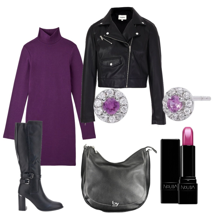 Outfit donna - Vestito e stivali. Stile Casual chic per Serata fuori. Abbinamento con rossetti, vestiti midi/longuette, orecchini, blazer, borse a spalla, stivali.