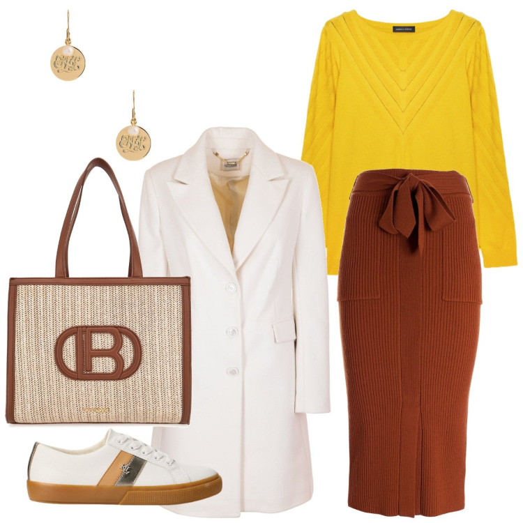 Outfit donna - Ocra amour 2. Stile Casual chic per Tutti i giorni. Abbinamento con gonne longuette, cappotti, sneakers, orecchini, maglieria, borse a spalla.