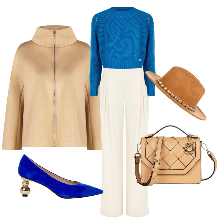 Outfit donna - Chiccheria. Stile Chic per Tutti i giorni. Abbinamento con maglieria, cappe, borse a mano, décolleté, pantaloni a palazzo, cappelli.