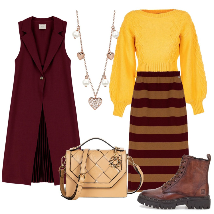 Outfit donna - Ocra amour 3. Stile Casual chic per Tutti i giorni. Abbinamento con collane, borse a mano, maglieria, gonne longuette, cappotti, stivaletti.