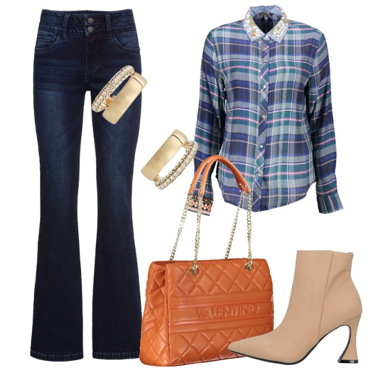Outfit donna - Stilosa in jeans. Stile Glamour per Tutti i giorni. Abbinamento con jeans bootcut, stivaletti, orecchini, camicie, borse a spalla.