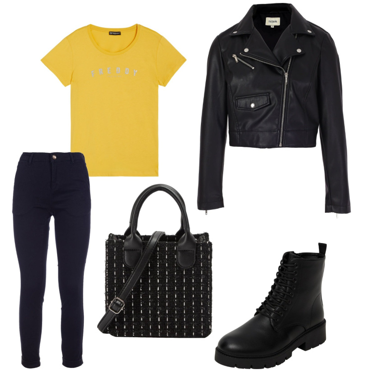 Outfit donna - Mi piace così. per Tutti i giorni. Abbinamento con shopping bag, anfibi, blazer, pantaloni, t-shirt.