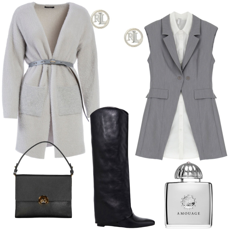 Outfit donna - Total look #1984445. Stile Glamour per Tutti i giorni. Abbinamento con profumi, cardigans, vestiti senza maniche, orecchini, stivali, borse a spalla.