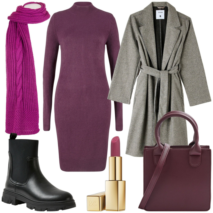 Outfit donna - Total look #1984446. Stile Casual chic per Tutti i giorni. Abbinamento con vestiti, rossetti, cappotti, shopping bag, stivaletti chelsea, sciarpe.