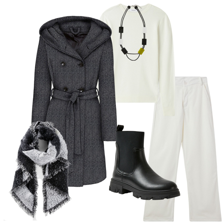 Outfit donna - Bianco d\'autunno. Stile Basic per Tutti i giorni. Abbinamento con sciarpe, cappotti, pantaloni, maglieria, stivaletti chelsea, collane.
