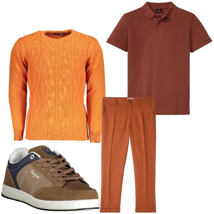 Outfit uomo - Mister arancio. Stile Casual per Tutti i giorni. Abbinamento con polo, pantaloni chino, maglieria, sneakers.