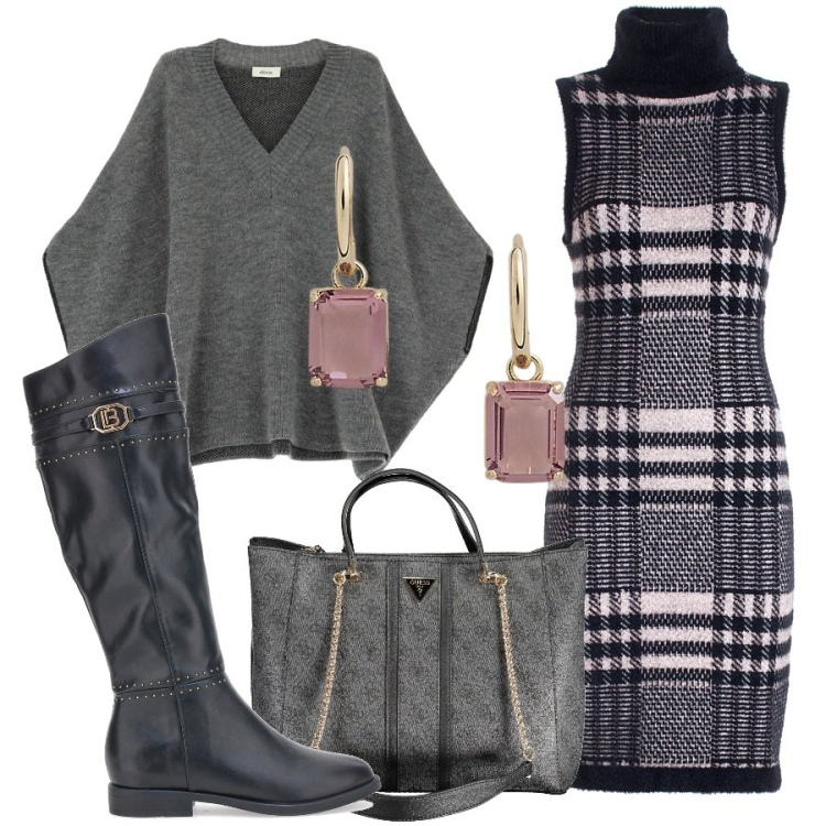 Outfit donna - Il vestito che mi piace. Stile Casual per Tutti i giorni. Abbinamento con vestiti senza maniche, cappotti, orecchini, stivali sopra il ginocchio, borse a spalla.