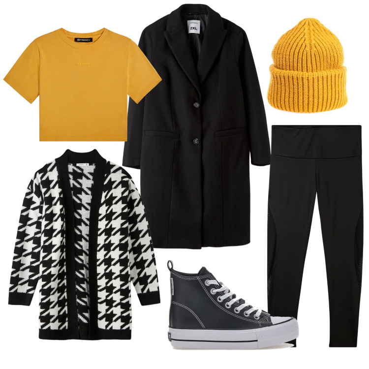Outfit donna - Un caffè mattutina. Stile Casual per Tutti i giorni. Abbinamento con cappotti, cardigans, leggings, berretti, t-shirt, sneakers.
