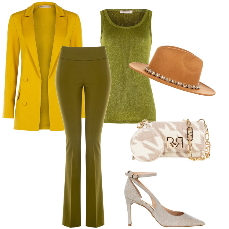 Outfit donna - Domenica con stile. Stile Chic per Tutti i giorni. Abbinamento con pantaloni, blazer, canottiere, cappelli, borse a tracolla, décolleté.