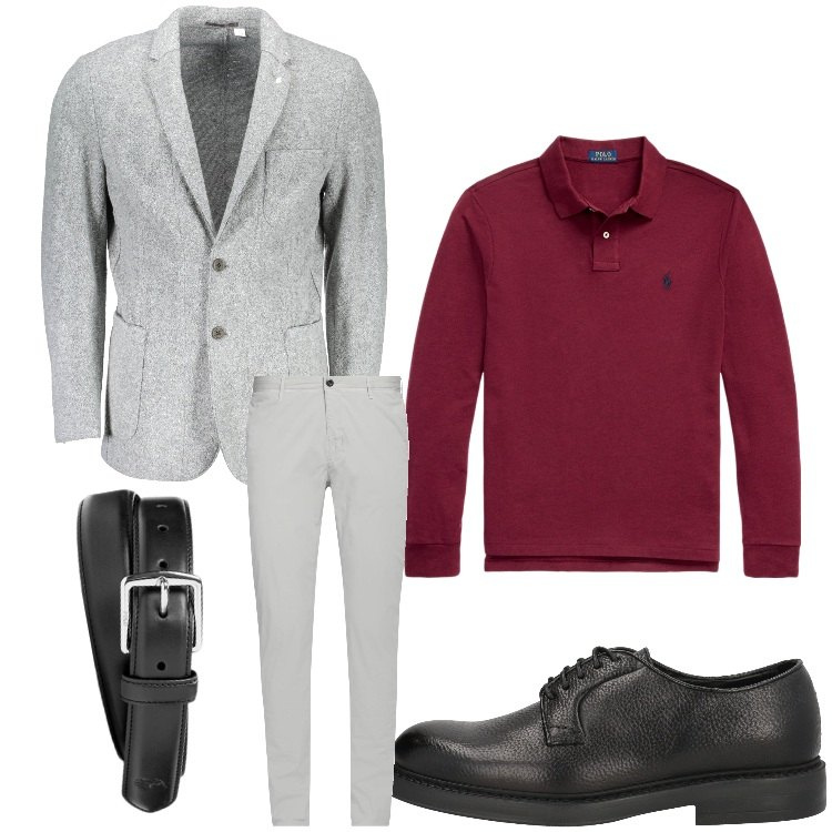 Outfit uomo - Polo burgundy. Stile Business/Elegante per Ufficio. Abbinamento con scarpe stringate, pantaloni chino, cinture, polo, giacche.