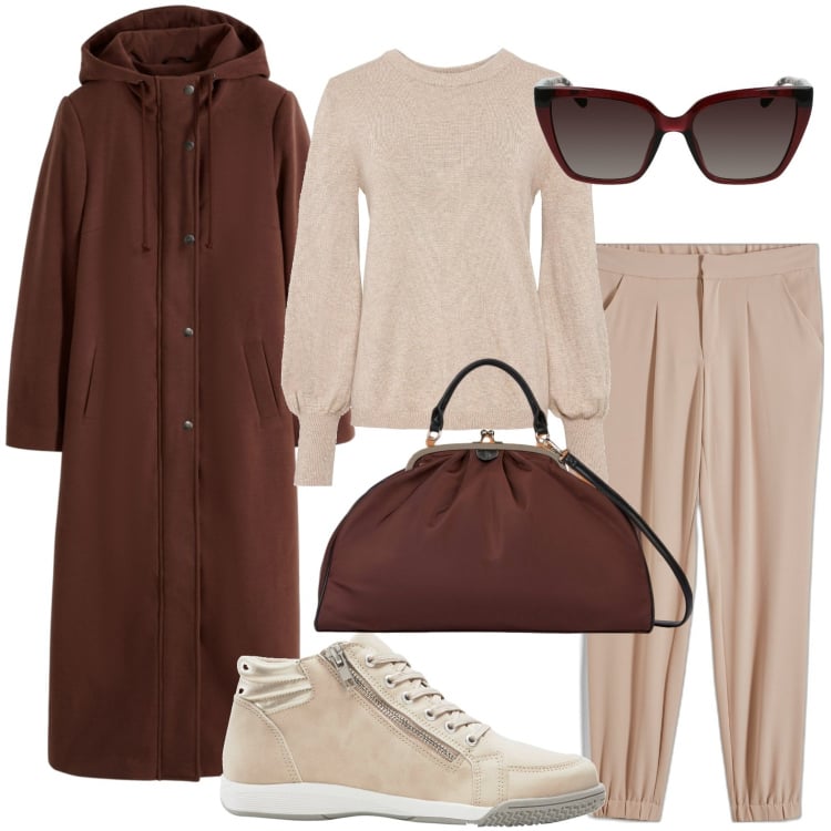 Outfit donna - Il cappotto color castagna. Stile Urban per Tutti i giorni. Abbinamento con maglieria, pantaloni, cappotti, sneakers alte, borse a spalla, occhiali da sole.