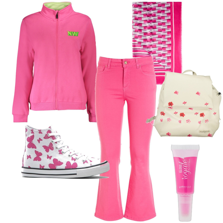 Outfit donna - Total look #1984518. Stile Casual per Tutti i giorni. Abbinamento con sneakers alte, gloss, jeans, felpe, zaini, sciarpe.