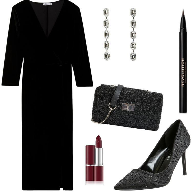 Outfit donna - Halloween Glam. Stile Glamour per Serata fuori. Abbinamento con rossetti, eyeliner, vestiti lunghi, décolleté, orecchini, borse a tracolla.