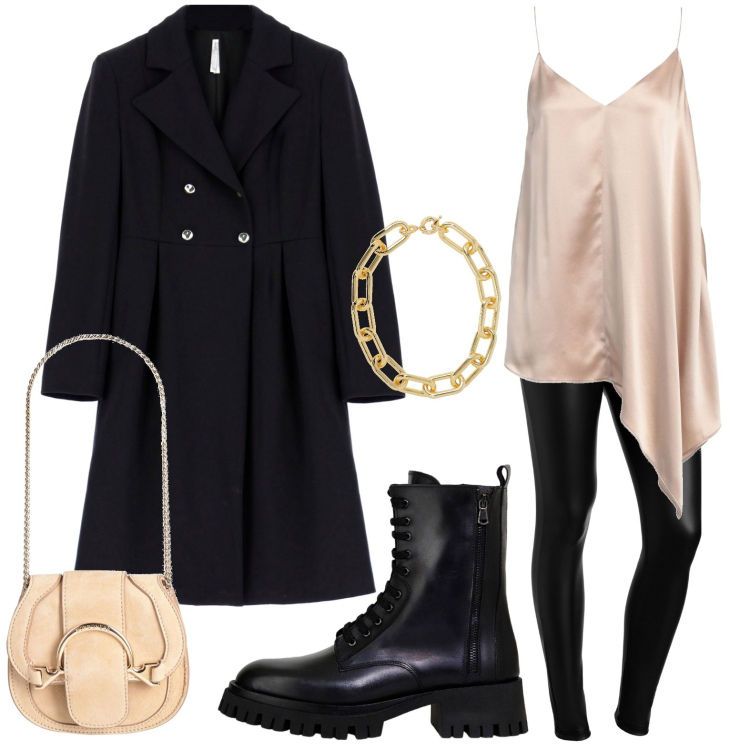 Outfit donna - Sofisticata con il cappotto. Stile Bon Ton per Serata fuori. Abbinamento con marsupi, top, cappotti, pantaloni skinny, stivali, collane.