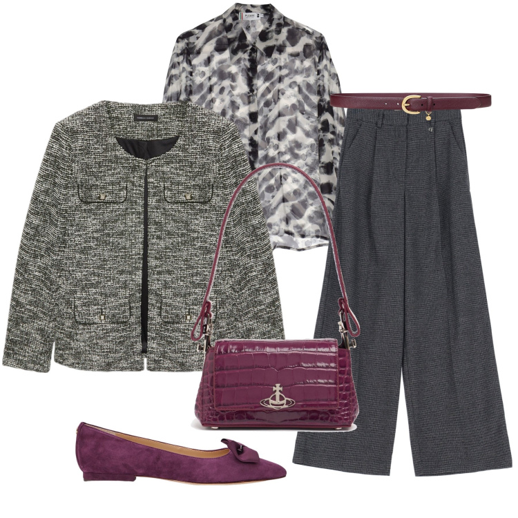 Outfit donna - Grigio scuro e viola. Stile Casual per Ufficio. Abbinamento con camicie, pantaloni, cinture, ballerine, blazer, borse a spalla.
