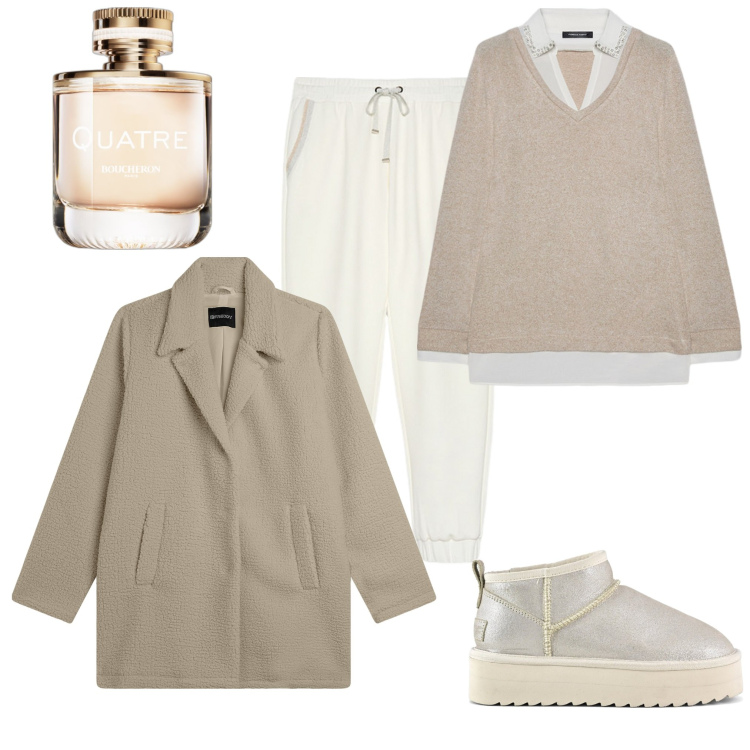Outfit donna - Giornata relax. Stile Basic per Tutti i giorni. Abbinamento con profumi, cappotti, maglieria, stivaletti, pantaloni.