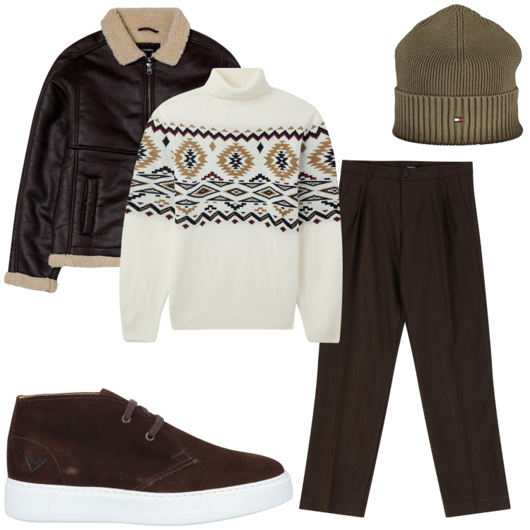 Outfit uomo - Gita in montagna. Stile Urban per Tutti i giorni. Abbinamento con stivali e stivaletti, maglieria, giacche, pantaloni, berretti.