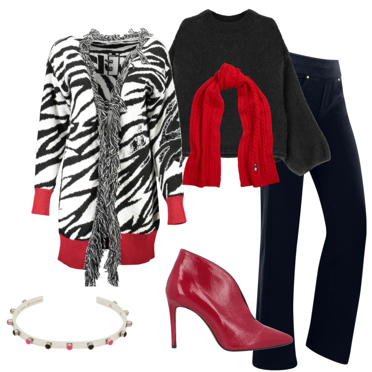 Outfit donna - Nero e rosso. Stile Casual chic per Serata fuori. Abbinamento con stivaletti, braccialetti, pullovers, pantaloni, sciarpe, cardigans.