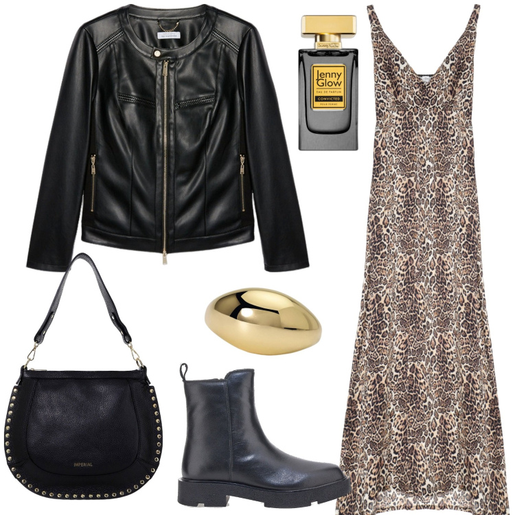 Outfit donna - Moderna e grintosa. Stile Rock per Serata fuori. Abbinamento con profumi, anelli, vestiti, borse a spalla, stivaletti, blazer.