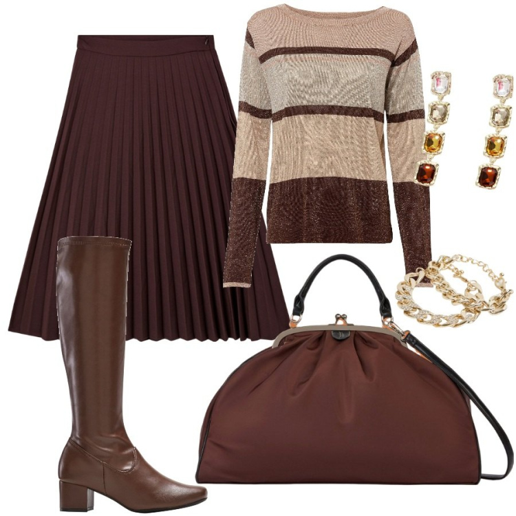 Outfit donna - Diverse sfumature di marrone. Stile Chic per Ufficio. Abbinamento con stivali, maglieria, gonne lunghe, braccialetti, orecchini, borse a spalla.
