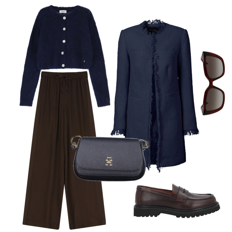 Outfit donna - Testa di moro e blu notte. Stile Trendy per Ufficio. Abbinamento con blazer, mocassini, pantaloni, cardigans, occhiali da sole, borse a tracolla.
