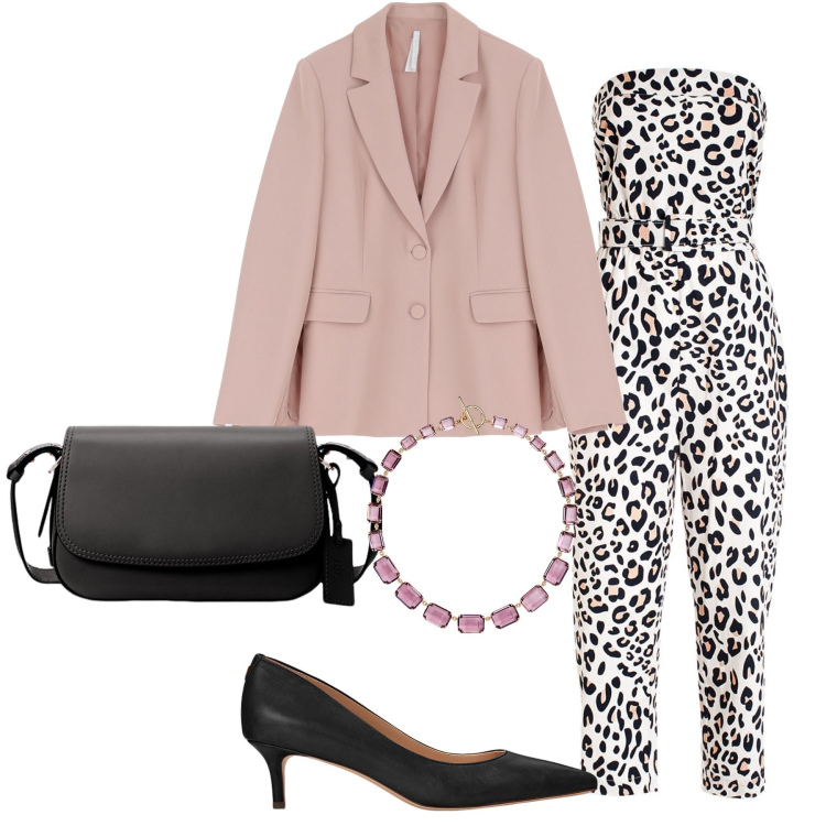 Outfit donna - La tuta leopardata. Stile Chic per Serata fuori. Abbinamento con tute, blazer, décolleté, borse a spalla, collane.