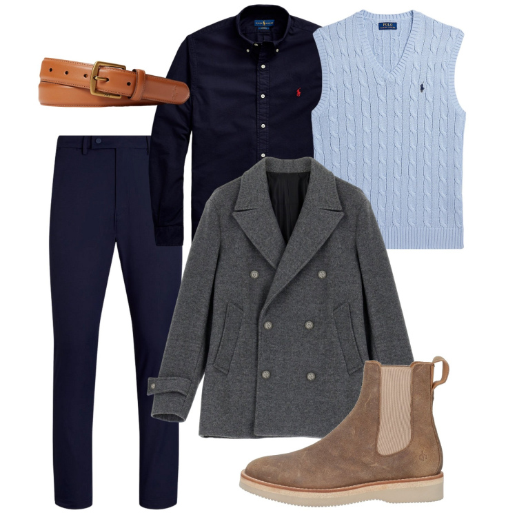 Outfit uomo - Il pea coat grigio. Stile Casual per Tutti i giorni. Abbinamento con stivali e stivaletti, giacche, cinture, maglieria, pantaloni, camicie.