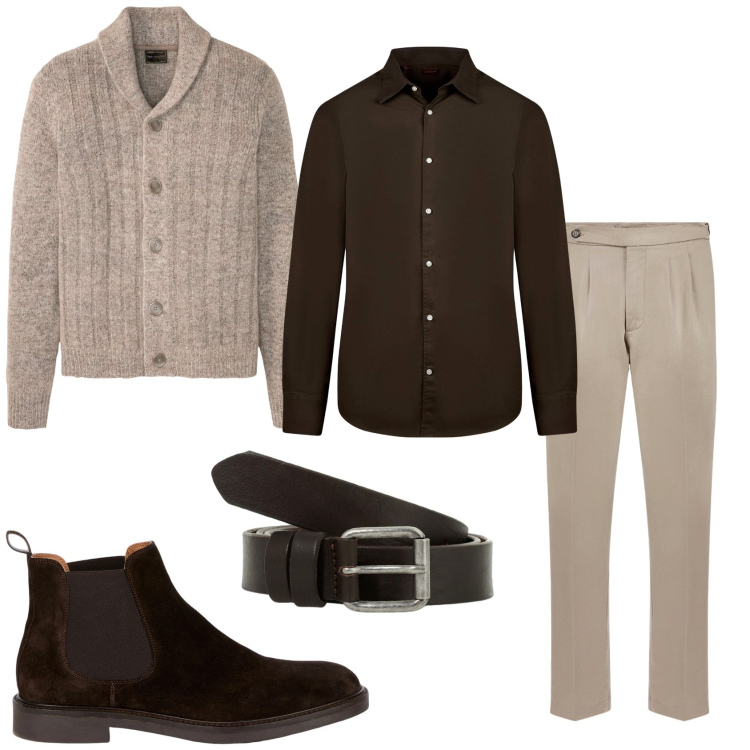 Outfit uomo - Intanto mi vesto in modo par­ti­co­lar­e. Stile Trendy per Tutti i giorni. Abbinamento con cardigans, cinture, pantaloni, stivali e stivaletti, camicie.