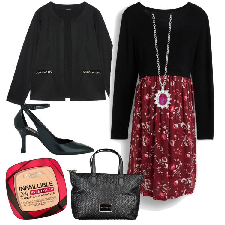 Outfit donna - A pranzo fuori. Stile Trendy per Tutti i giorni. Abbinamento con vestiti, fondotinta, collane, décolleté, blazer, pochette.