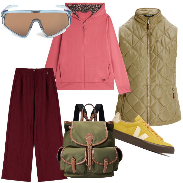 Outfit donna - Colorata passeggiata. Stile Sporty chic per Tutti i giorni. Abbinamento con felpe con cappuccio, pantaloni, zaini, piumini, occhiali da sole, sneakers.
