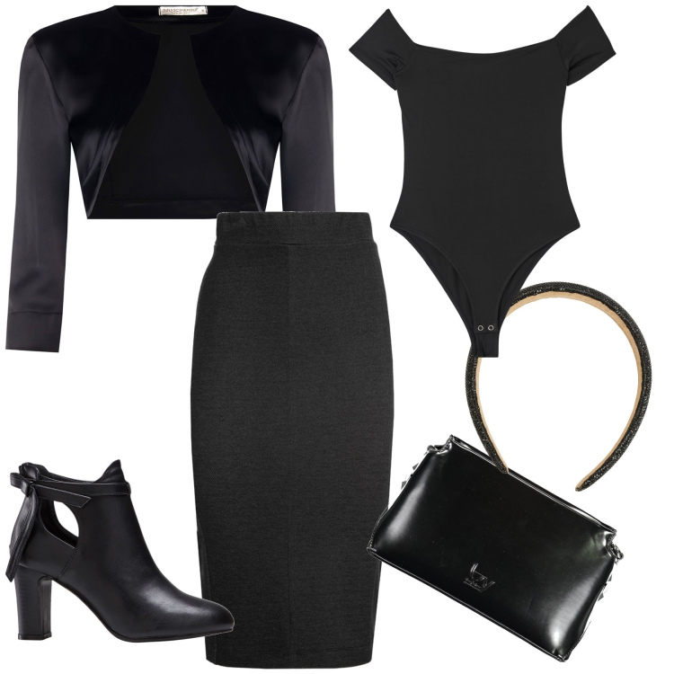 Outfit donna - Nero chic. Stile Chic per Ufficio. Abbinamento con stivaletti, cerchietti, body, bolero, borse a tracolla, gonne lunghe.