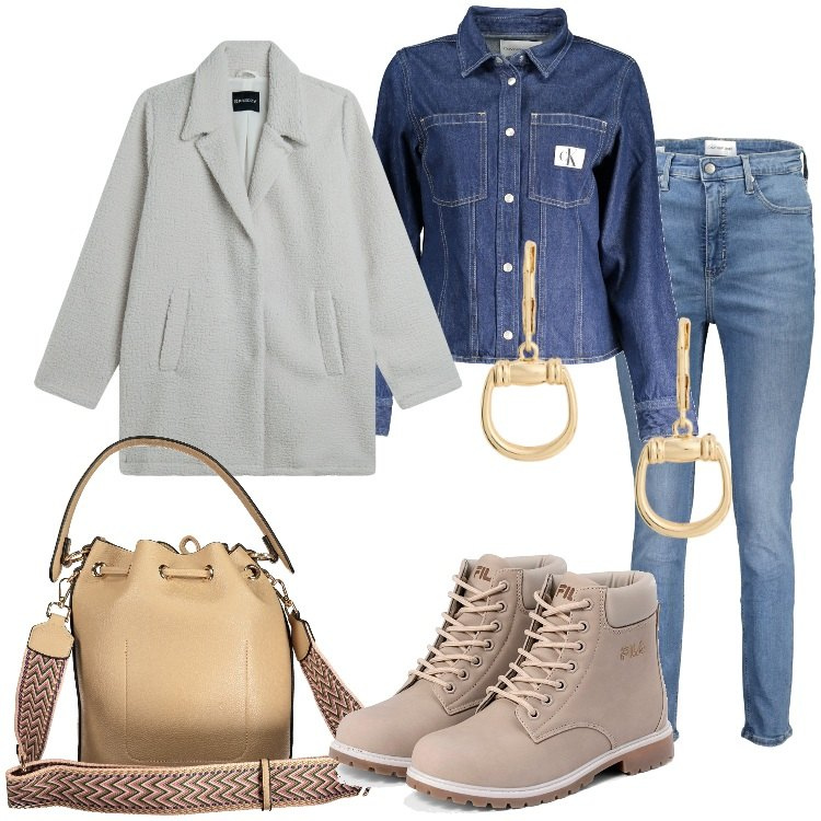 Outfit donna - Denim su denim. Stile Casual per Scuola/Università. Abbinamento con cappotti, orecchini, stivaletti, camicie, jeans skinny, borse a spalla.
