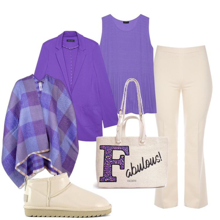 Outfit donna - Sfumature di viola per il mio compleanno. Stile Glamour per Serata fuori. Abbinamento con pantaloni a palazzo, borse a tracolla, cappe, stivali, top, blazer.