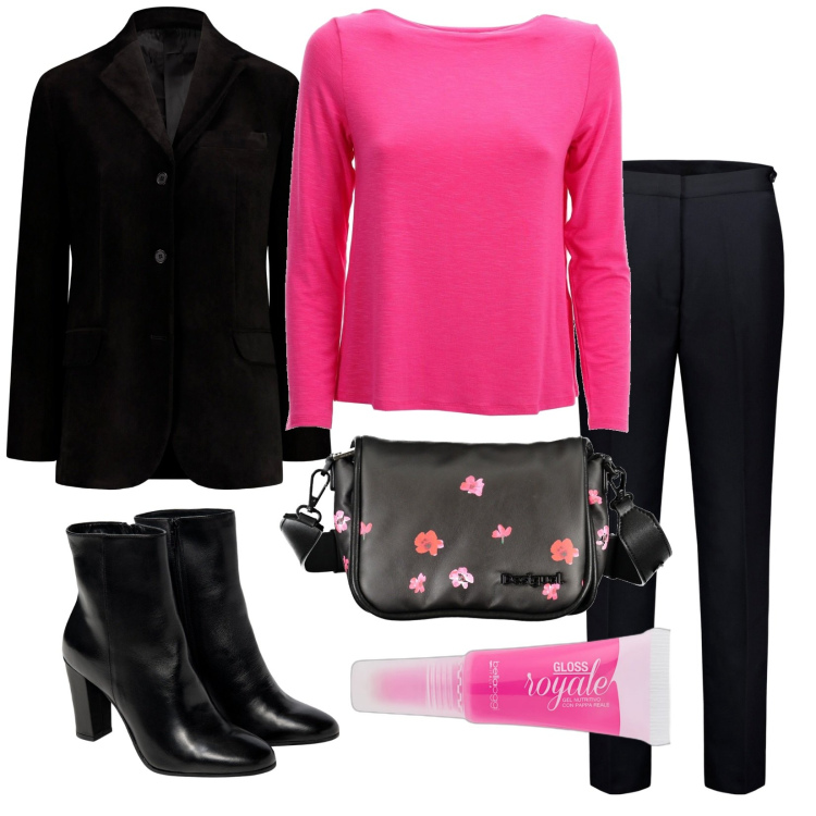 Outfit donna - In ufficio con un tocco di colore. Stile Bon Ton per Ufficio. Abbinamento con gloss, pantaloni, maglieria, borse a spalla, stivaletti, blazer.
