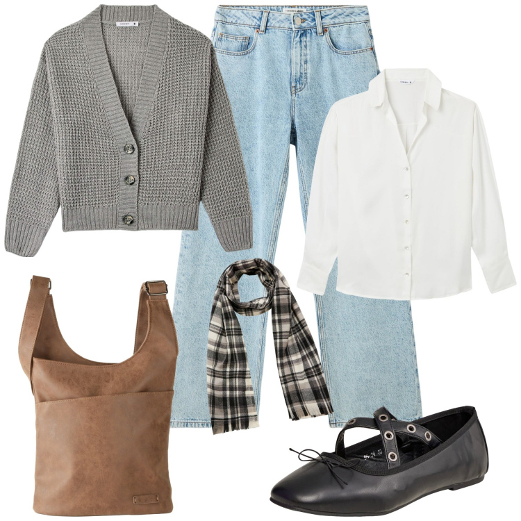 Outfit donna - Per tutti i giorni. Stile Casual per Tutti i giorni. Abbinamento con borse a tracolla, ballerine, jeans, cardigans, camicie, sciarpe.