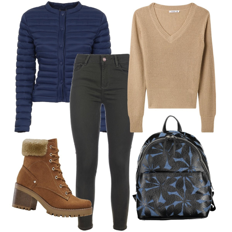 Outfit donna - Un giorno di pioggia. Stile Basic per Tutti i giorni. Abbinamento con stivaletti, maglieria, piumini, jeans skinny, zaini.