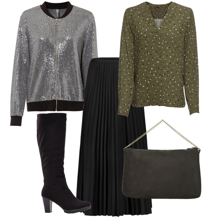 Outfit donna - Il bomber in paillettes. Stile Glamour per Serata fuori. Abbinamento con camicie, stivali, bomber, pochette, gonne lunghe.