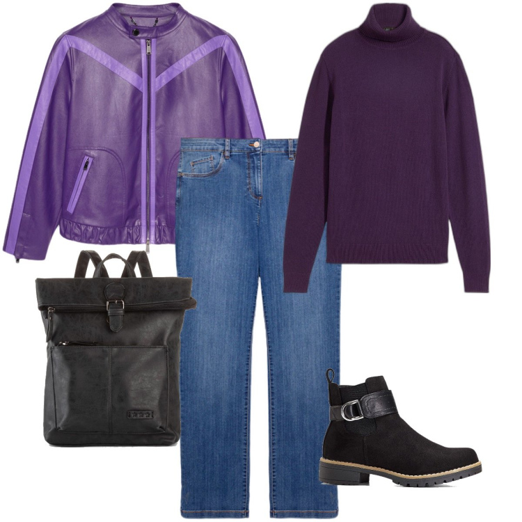 Outfit donna - Rock in viola. Stile Rock per Tutti i giorni. Abbinamento con zaini, stivaletti, maglieria, blazer, jeans dritti.