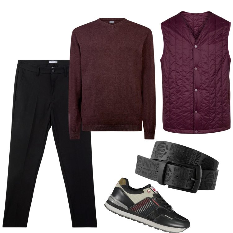 Outfit uomo - Nero e vinaccia. Stile Casual per Tutti i giorni. Abbinamento con cinture, pantaloni chino, maglieria, piumini, sneakers.