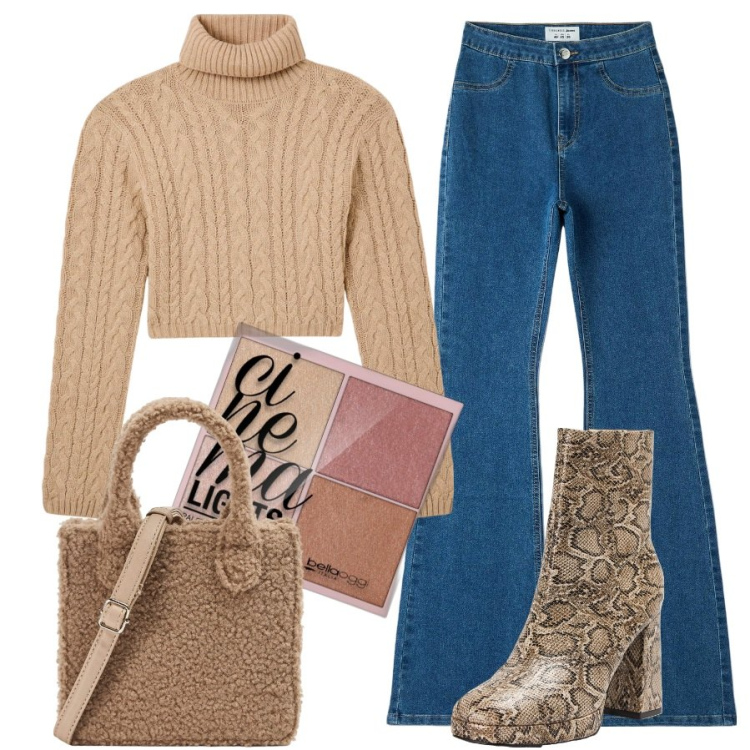 Outfit donna - Terranova style. Stile Trendy per Tutti i giorni. Abbinamento con blush, jeggings, stivaletti, shopping bag, maglieria.