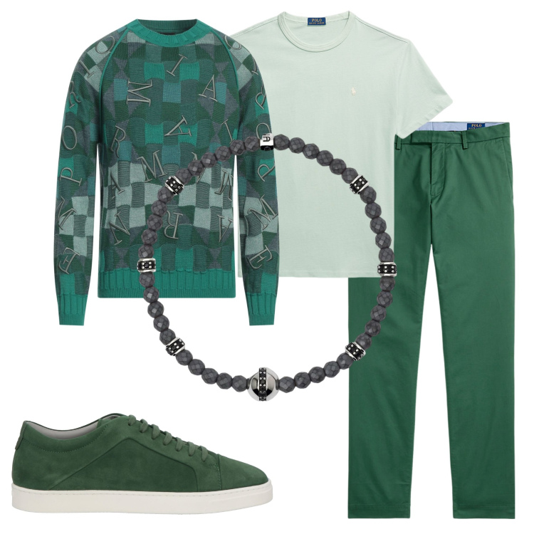 Outfit uomo - Sfumature di verde. Stile Urban per Tutti i giorni. Abbinamento con sneakers, pullovers, braccialetti, t-shirt, pantaloni.